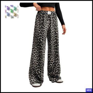 Leopard Print Wide Leg Pants Elastic Waist Casual Trousers Y2K Retro Chic